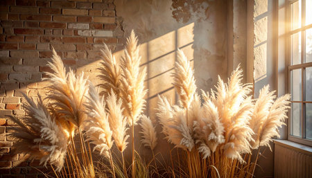 Pampas grass in front of the window at sunset with sunlight.の素材