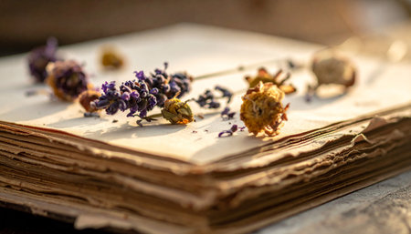 Dried lavender flowers on an old book. Selective focus.の素材