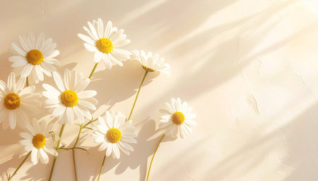 White daisies on a light background. Top view with copy space.の素材