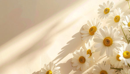 White daisies on a beige background with copy space.の素材