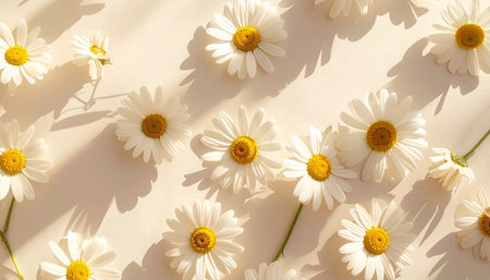White daisies on a light background. Flat lay, top view.の素材