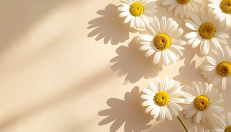 Daisy flowers on beige background. Flat lay, top view, copy spaceの素材