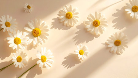 Beautiful daisies on light background, flat lay. Space for textの素材