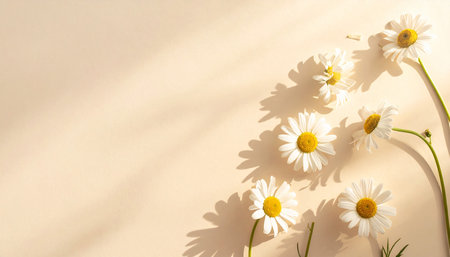 Chamomile flowers on beige background. Flat lay, top view.の素材