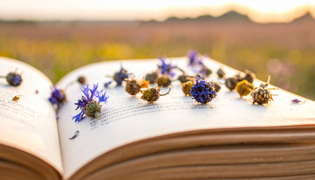 Old book with cornflowers on the background of the setting sunの素材