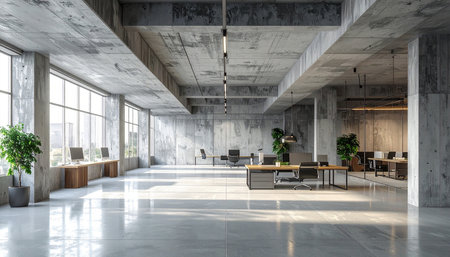 Modern office interior with concrete walls, tiled floor and panoramic window. 3d renderingの素材