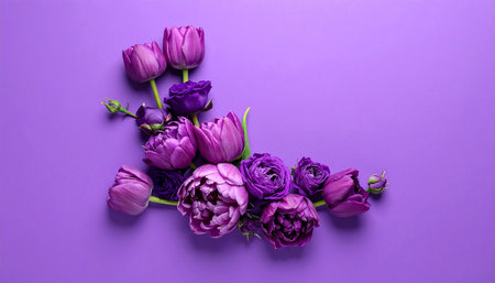 Bouquet of purple tulips on violet background, top viewの素材