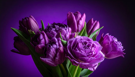 Bouquet of purple tulips on a dark purple background.の素材