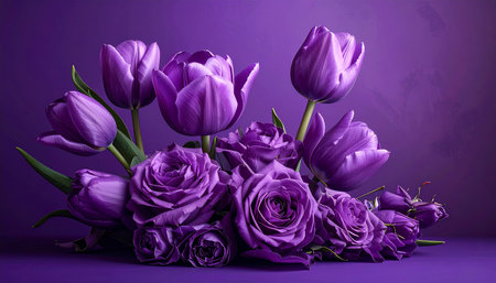 Bouquet of purple tulips on a lilac background.の素材