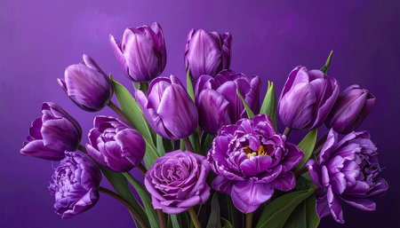 Bouquet of purple tulips on a dark purple background.の素材