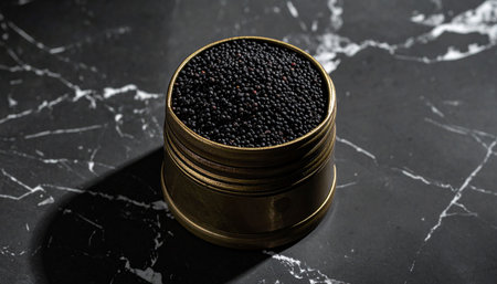 Black caviar in a tin can on a black marble background.の素材
