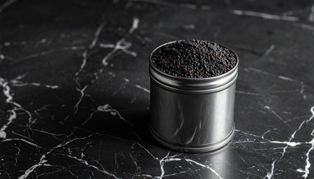 Poppy seeds in a metal jar on a black marble background.の素材