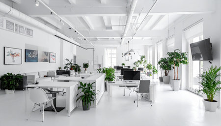 modern office interior design with white walls and a lot of green plantsの素材
