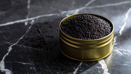 Black mustard seeds in a tin can on a black marble background.の素材