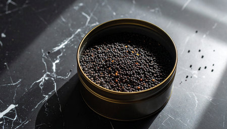 Black mustard seeds in a small jar on a black marble background.の素材