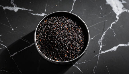 Black mustard seeds in a bowl on black marble background. Top view.の素材