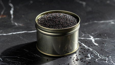 Organic black quinoa seeds in a tin can on a dark backgroundの素材