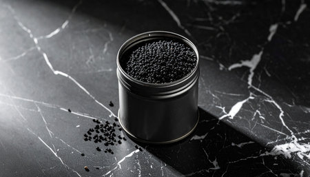 Black sesame seeds in a jar on a black marble background.の素材