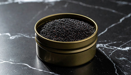Black mustard seeds in a bowl on a black marble background, selective focusの素材