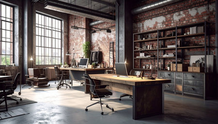 3d rendering of an old loft office with brick walls and floorの素材