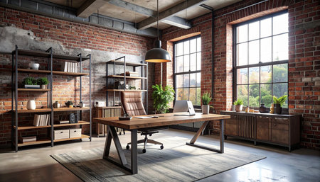 Modern loft office interior with brick wall and wooden furniture. 3D Renderingの素材