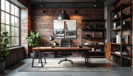 Modern loft office interior with brick wall and wooden furniture. 3D Renderingの素材