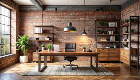 Modern loft office interior with brick wall and wooden floor. Workplace and lifestyle concept. 3D Renderingの素材
