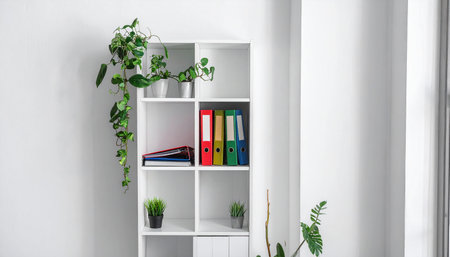 White bookshelf with green plants on white wall, interior designの素材
