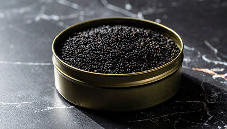 Black sesame seeds in a tin can on a black marble backgroundの素材
