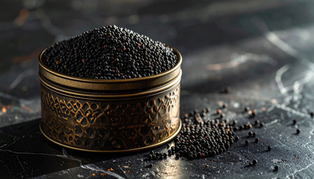 Black lentils in a metal bowl on a dark stone background.の素材
