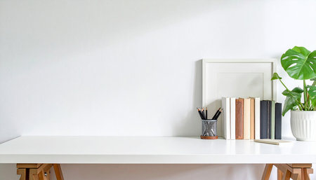White office desk with books, plant and frame on white wall backgroundの素材