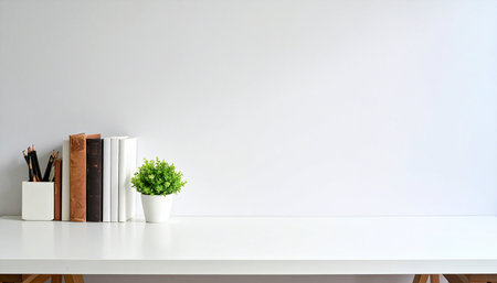 White table with books, plant and pencils on white wall backgroundの素材