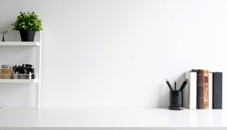 White office desk with books and plant on the white wall background.の素材