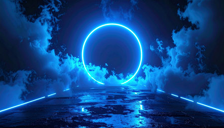 3D abstract background with neon lights. neon tunnel.space construction..3d renderの素材