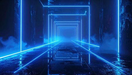 3d abstract background with neon lights. neon tunnel.space construction. 3d illustrationの素材