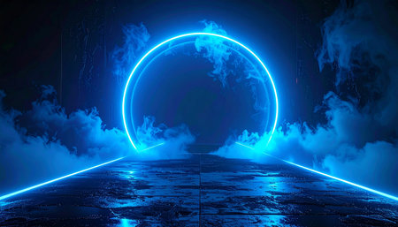 Dark abstract futuristic background. Glowing neon lines, shapes. Empty dark scene. 3d renderの素材