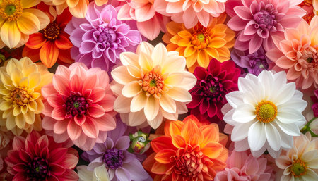Colorful dahlia flowers as a background, top view.の素材