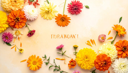Beautiful flowers on color background with space for text, top viewの素材