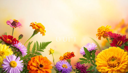 Colorful autumn flowers on the background of the summer landscape. Banner.の素材