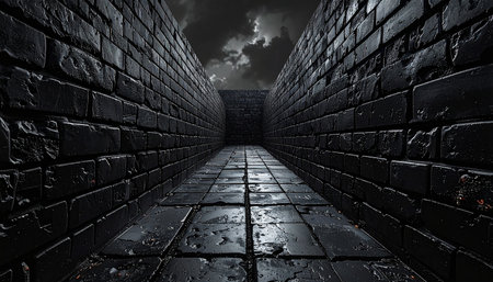 Black brick wall and dark stormy sky. 3D rendering.の素材