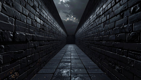 3D illustration of a dark corridor with brick walls and a stormy skyの素材
