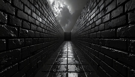 3d illustration of dark corridor with black bricks and stormy skyの素材