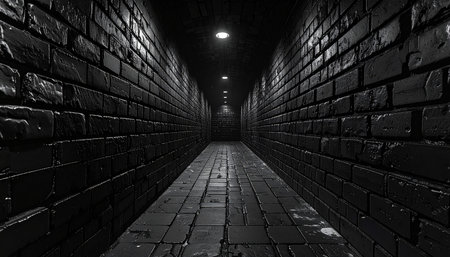 Dark abandoned corridor with brick walls. 3D rendering. Computer digital drawing.の素材