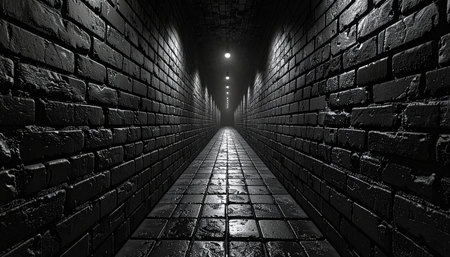 Dark corridor with brick walls and light at the end. 3d illustration.の素材