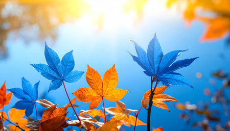 Maple leaves in autumn season with blue sky and sunlight background.の素材