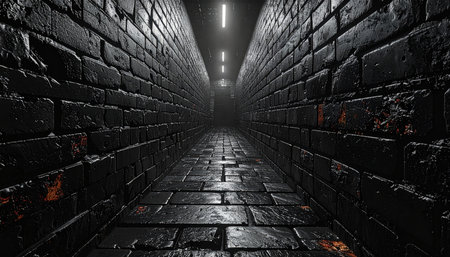 3d rendering of a dark corridor with black and red brick wallsの素材