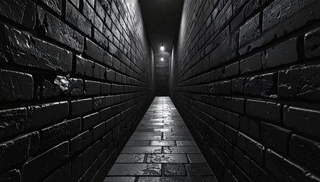 3d illustration of a dark corridor with black brick walls and floorの素材