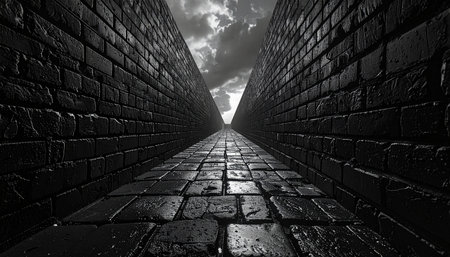 Black and white image of a brick wall in the middle of a pathの素材