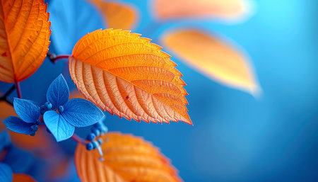 Autumn leaves on a blue background with bokeh effect.の素材