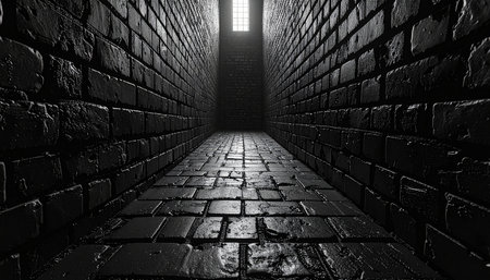 Dark abandoned corridor with brick walls and light. 3d illustration.の素材